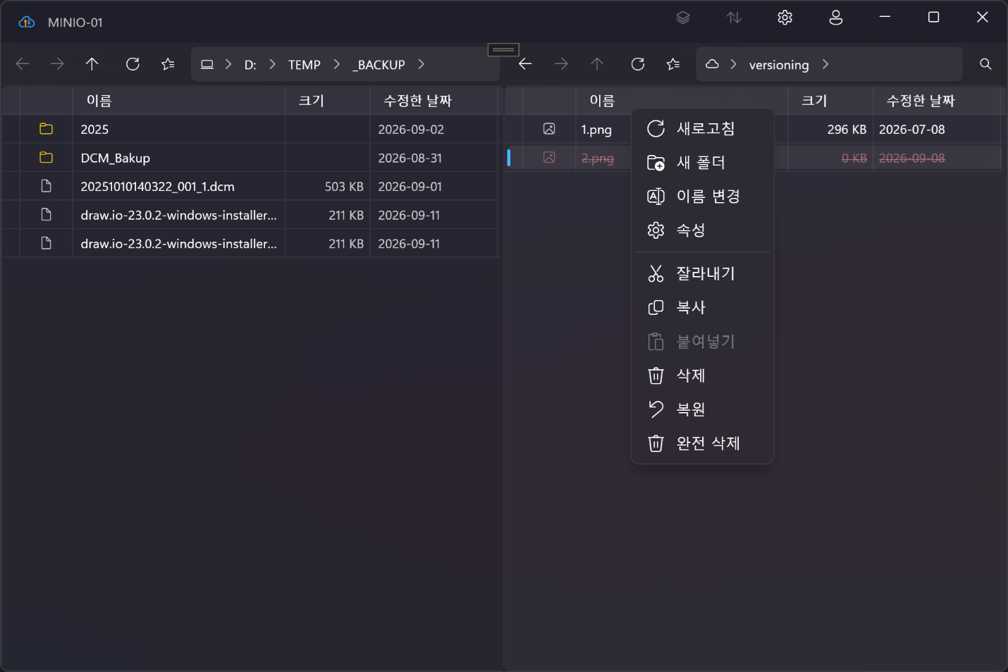 DEXTS3 메인 화면 — 왼쪽은 로컬 PC, 오른쪽은 S3 스토리지를 나란히 보여주는 듀얼 패널과 컨텍스트 메뉴